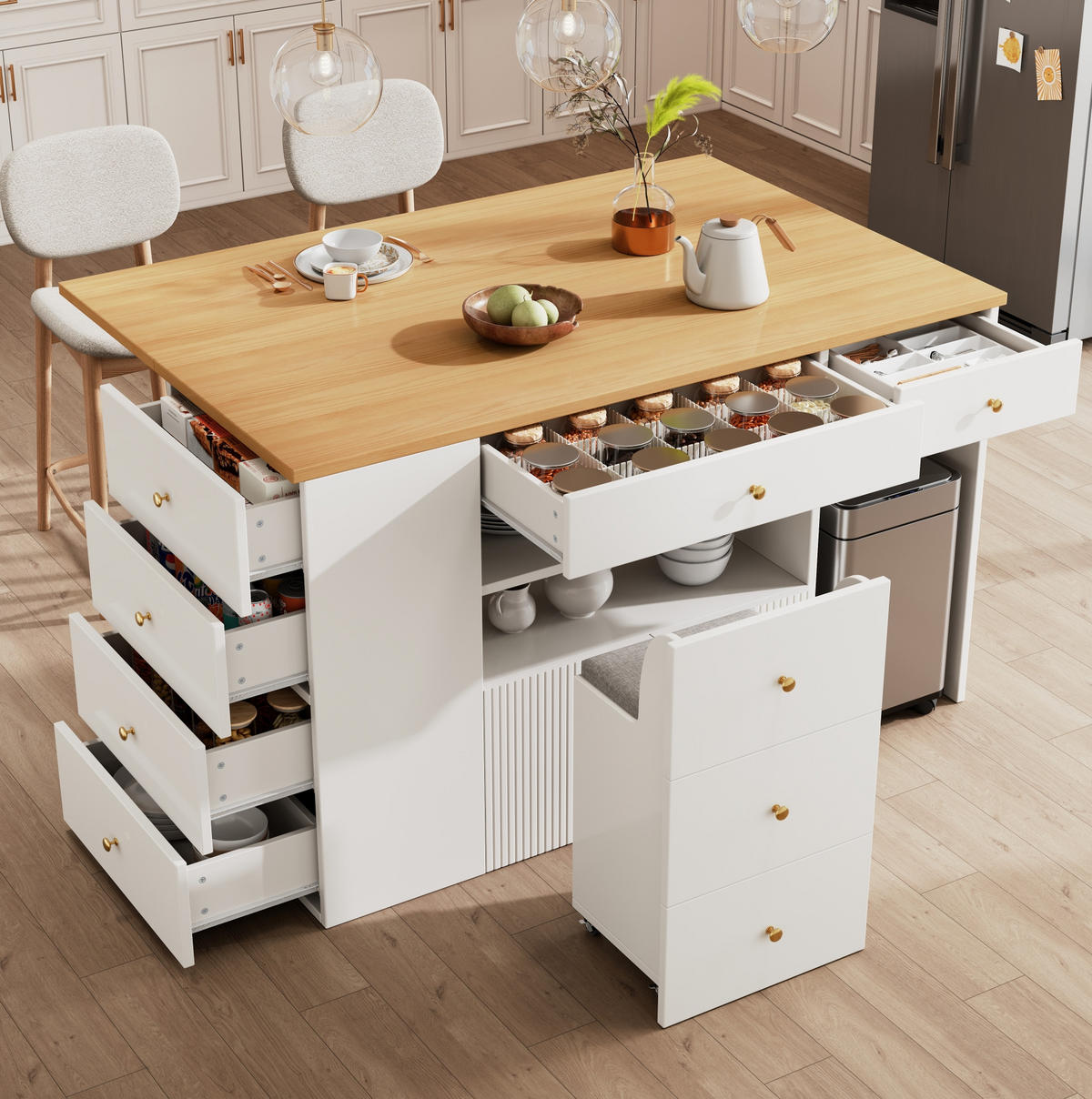 KÜCHENINSEL aus MDF mit Stauraum & Hocker, 140/40(70)/89 cm, Weiß - Weiß, Holzwerkstoff (40/89/140cm) - Redom