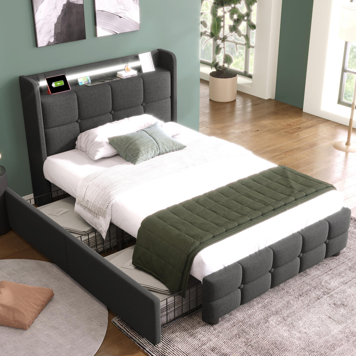 POLSTERBETT 90/200 cm grau aus Holz mit Matratze, LED, USB und 2 Schubladen - Grau, Holzwerkstoff (90/200cm) - OKWISH