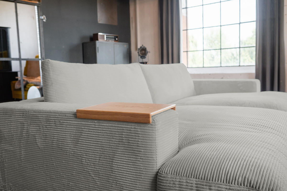 BIG SOFA-SET MIT TABLETT NATUR MADELINE Hellgrau Cord - Hellgrau/Schwarz, Kunststoff/Textil (290/85/170cm) - KAWOLA