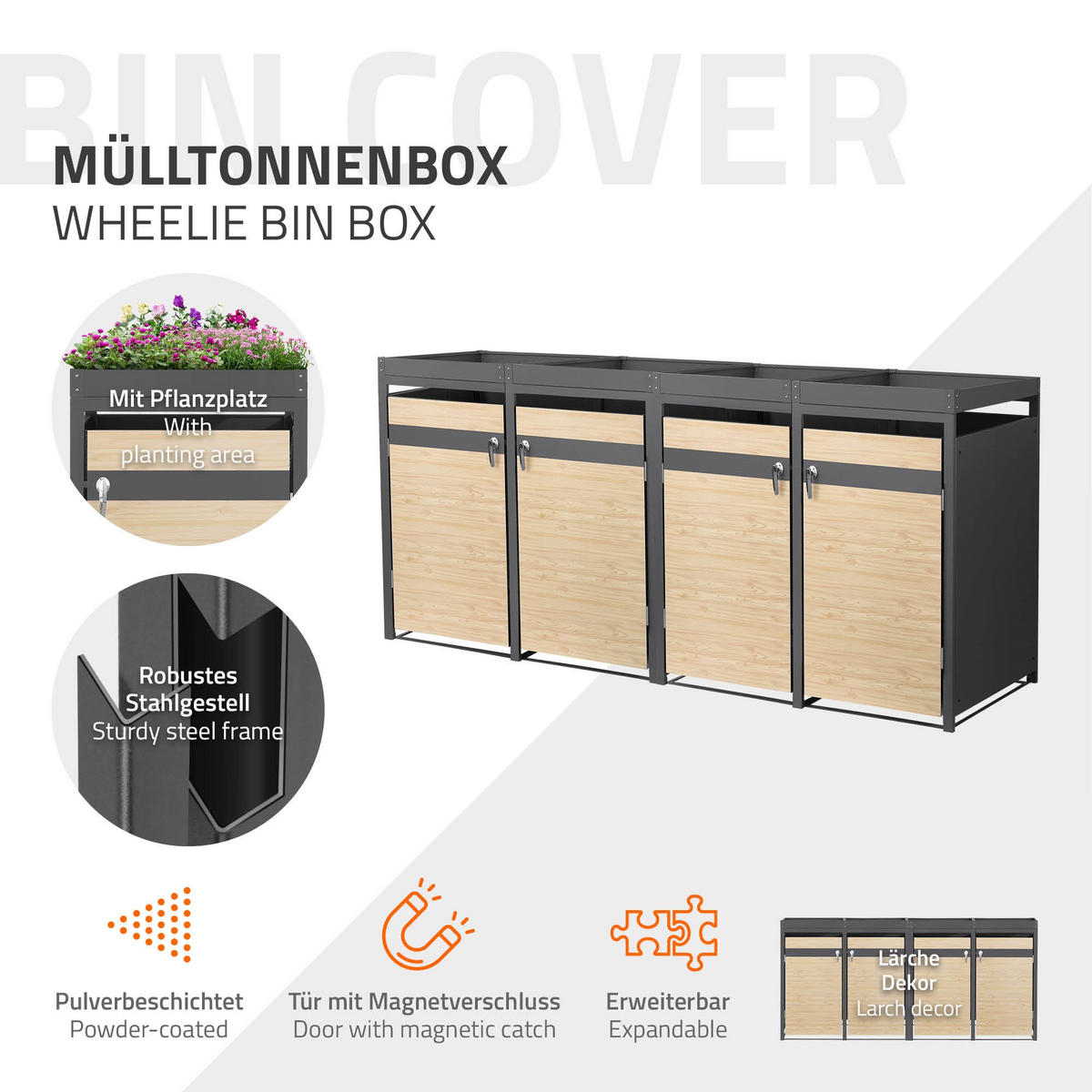 SADA 4 popelnic s rostlinnou střechou, antracitová barva s dřevěným vzhledem - světle hnědá, kov (264/124/80cm) - ML-DESIGN