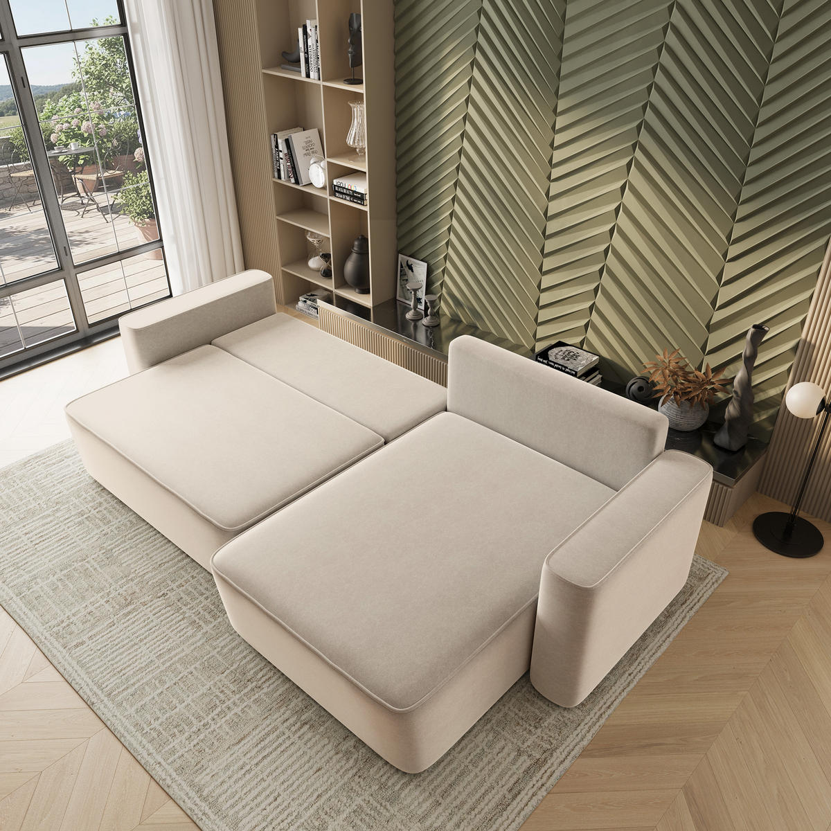 ECKSOFA BELARO CL Creme Samtstoff mit Schlaffunktion - Creme, Holzwerkstoff/Textil (280/162cm) - MASSENO