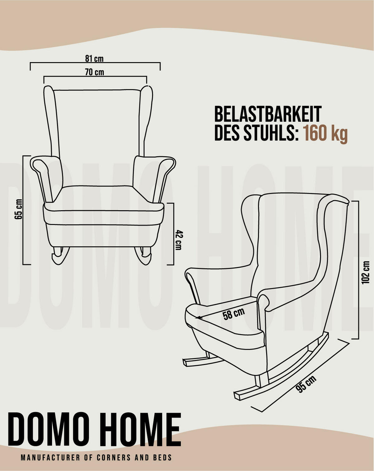 SCHAUKELSESSEL mit gepolstertem Sitz und Armlehnen, 102x81x95 cm, Beige_29800 - Weiß/Cappuccino, Holz/Textil (81/102/95cm) - DomoHome
