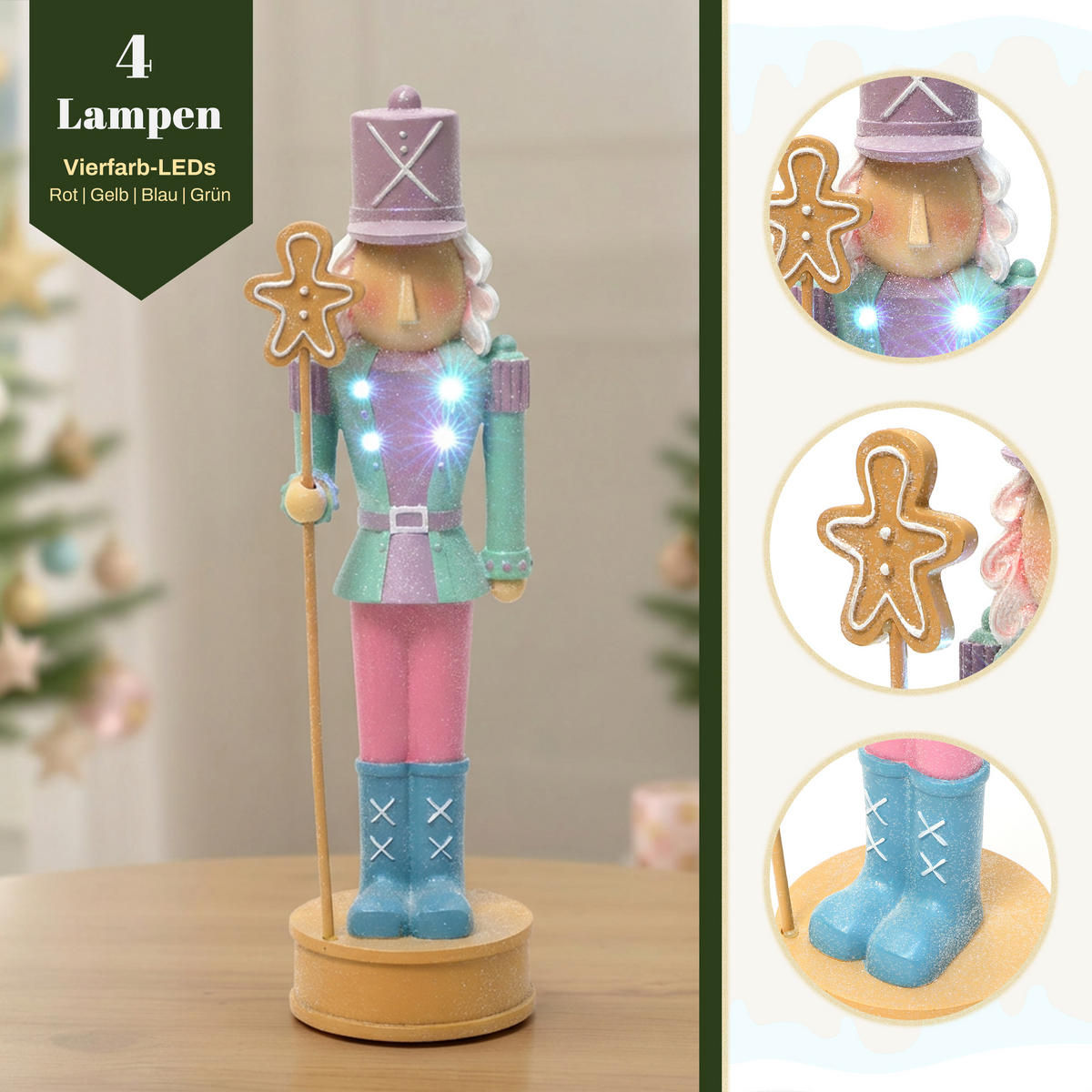 NUSSKNACKER Figur mit LED B13 x T12 x H45 cm - Pink, Naturmaterialien (12/45/13cm) - Hometopia