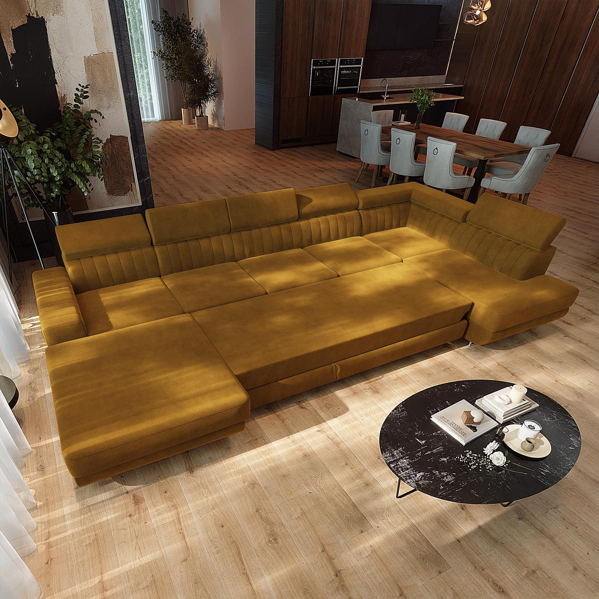 WOHNLANDSCHAFT GAIAN Gelb Velours-Stoff mit Schlaffunktion - Gelb, Holz (412/88/190cm) - MASSENO