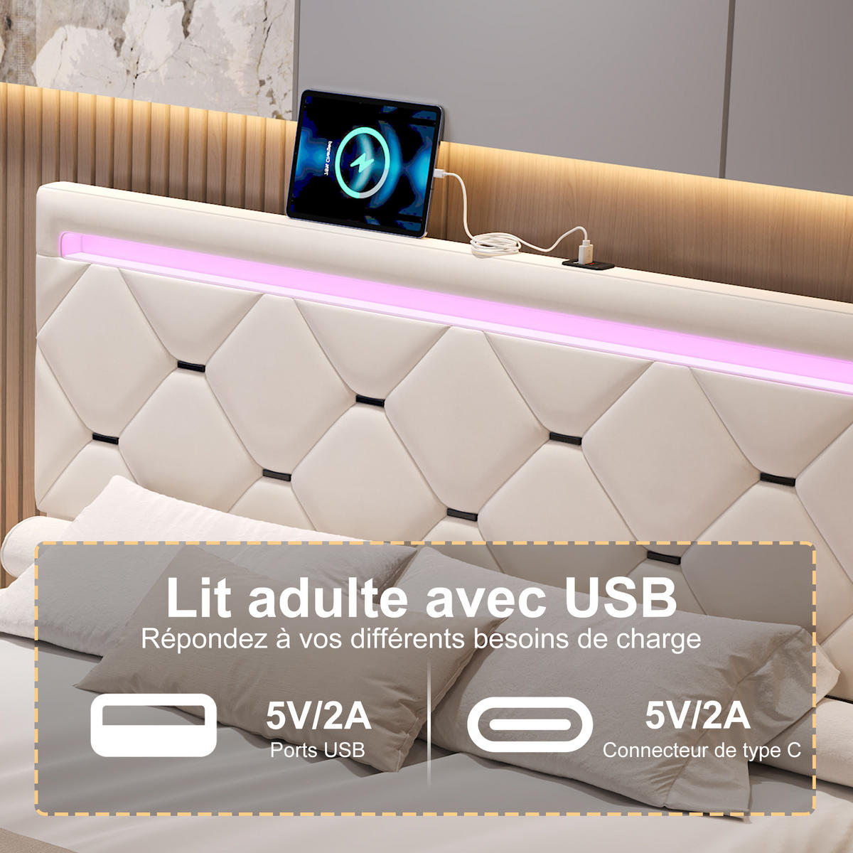 POLSTERBETT 140x200 cm LED USB 4 Schubladen Lattenrost cremeweiß - Weiß, Holz (140/200cm) - LEBENLANG