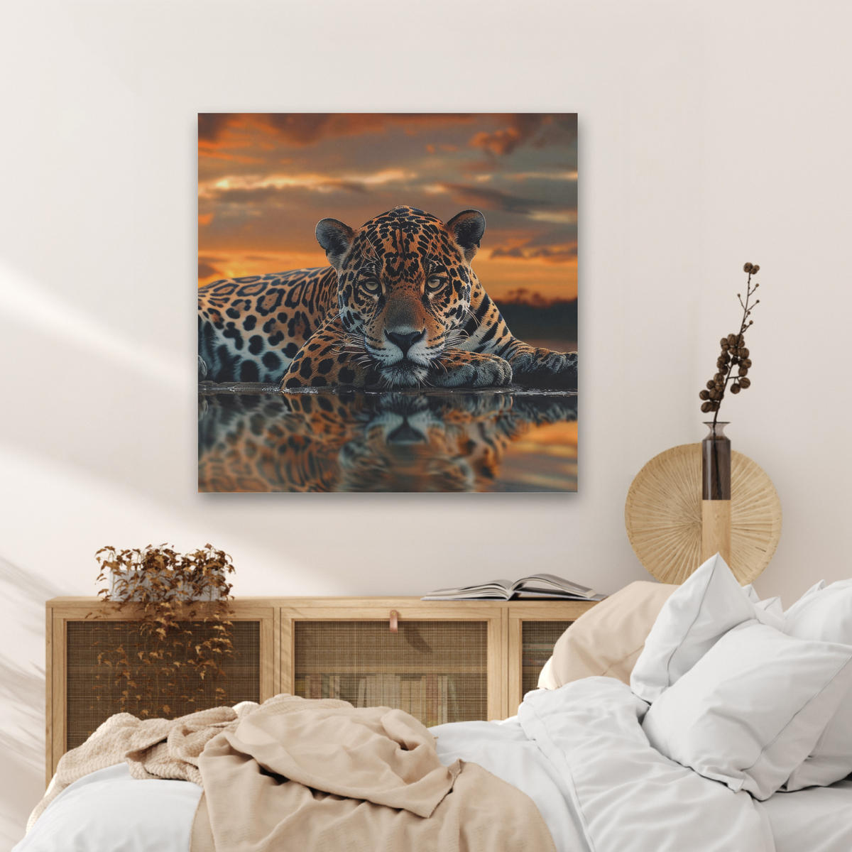 AKUSTIKBILD Natur - Leopard - Tier - Sonnenuntergang - Modern Akustikpaneele 80x80 cm - Orange, Kunststoff (80/80/0.9cm) - MuchoWow