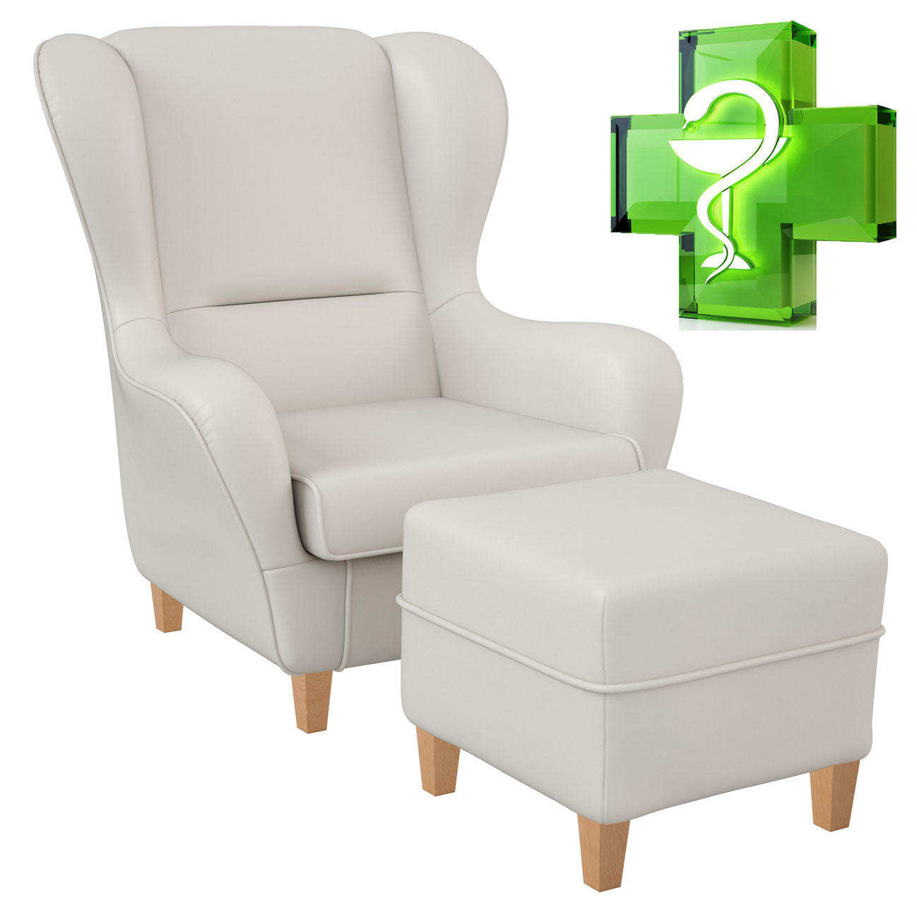 OHRENSESSEL Sofia, Relaxsessel mit Hocker Pandoria | Design Kunstleder Weiß | getestet nach Medizinproduktgesetz - Weiß Hochglanz, Leder (92/68/95cm) - Supellex