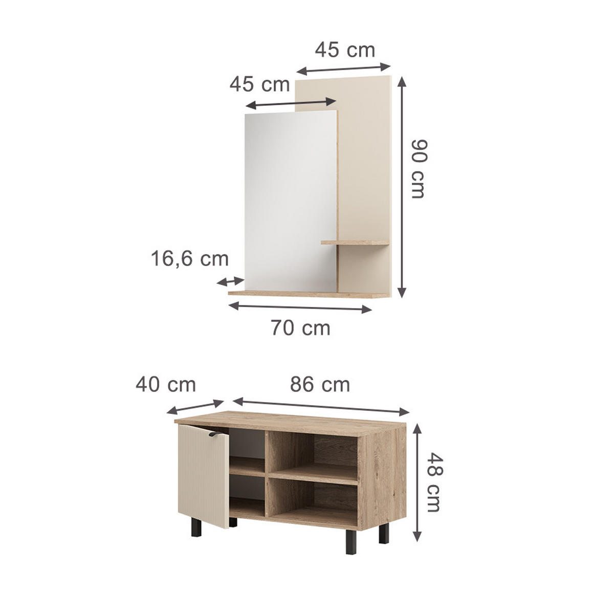GARDEROBE Puerto, Eiche/Cashmere, 2- er Set - Kaschmir/Eichefarben, Holzwerkstoff (86/48/40cm) - Vicco