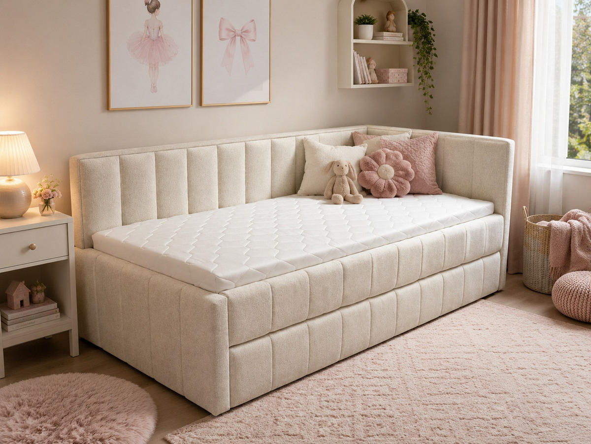 POLSTER-KINDERBETT LUKA 90x200 cm, rechts, mit Ausziehbett – Ecru - Ecru, Textil - KS Home Concept