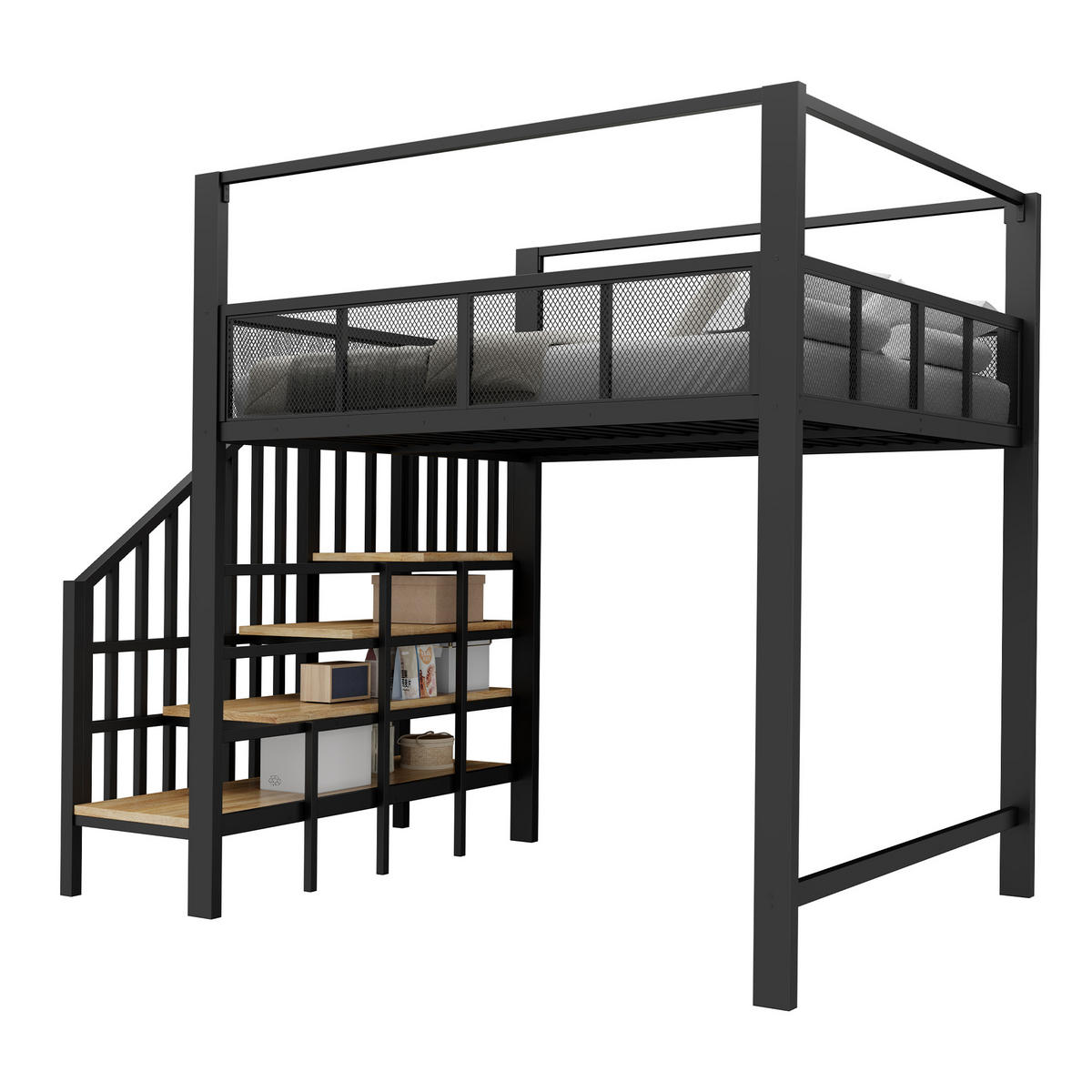 HOCHBETT 90/200 cm DE-32603 mit Baldachin und Sicherheitstreppe Schwarz - Schwarz, Metall (90/200cm) - ComfortXL
