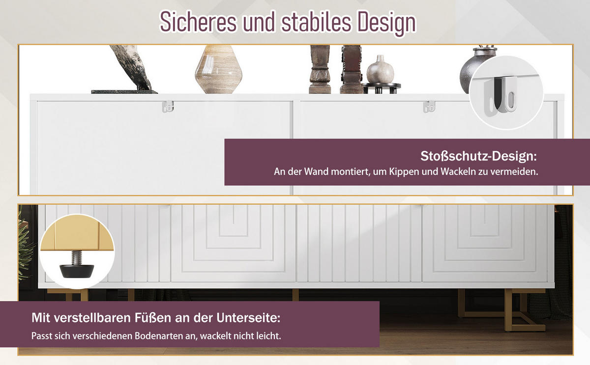 SIDEBOARD mit 3 Türen und Goldenen Akzenten Weiß - Weiß, Holzwerkstoff/Metall (152/75/40cm) - Urban Meuble