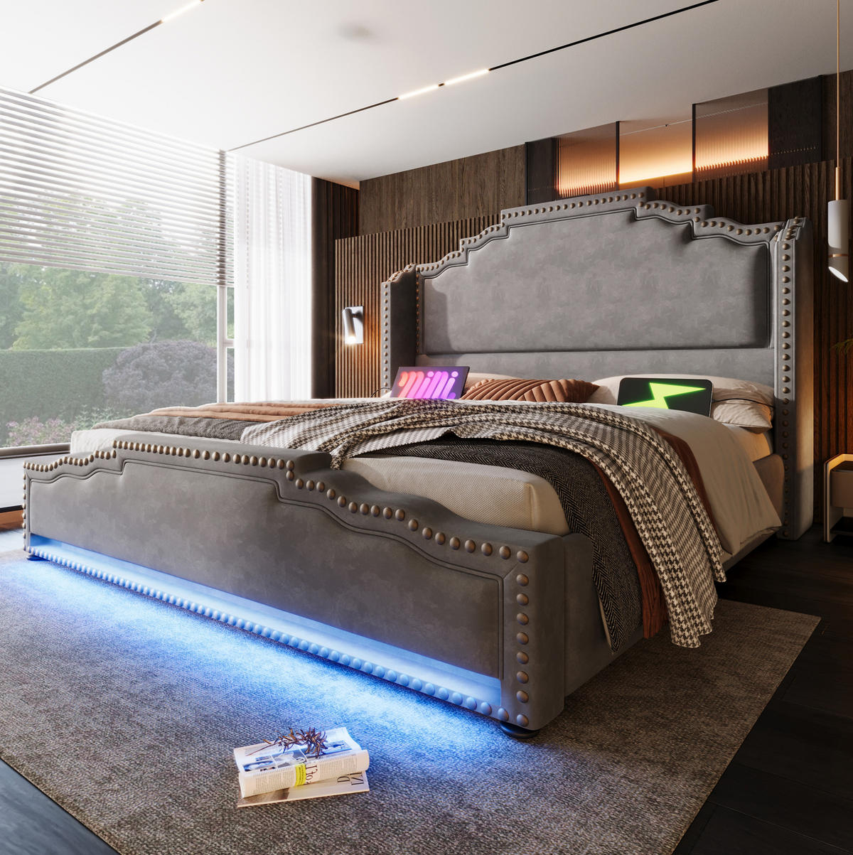 POLSTERBETT 180/200 cm mit 4 Schubladen, LED-Beleuchtung, USB-C und Lattenrost aus Samt, Grau - Grau, Textil (180/200cm) - Redom