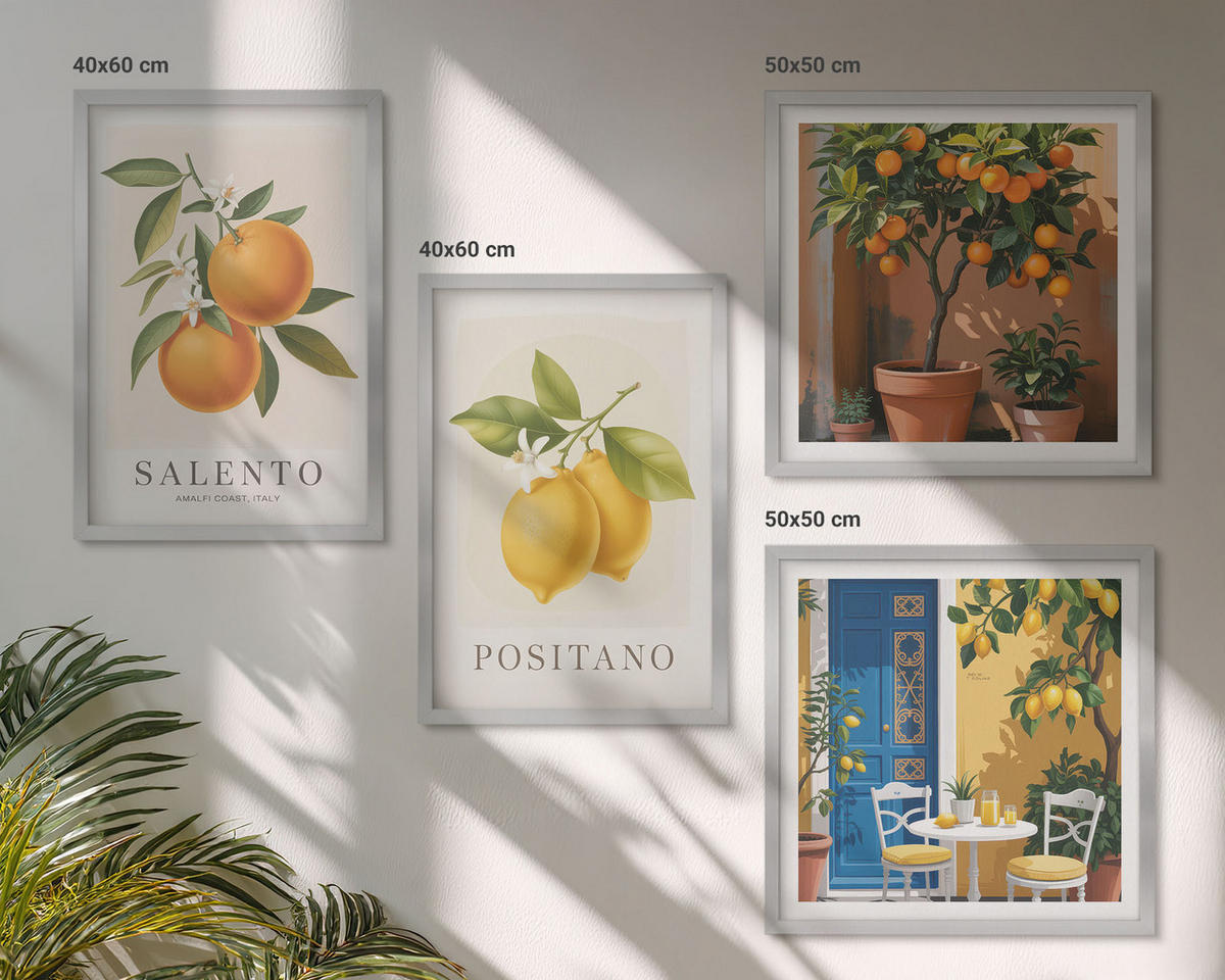 BILDER SET 4er Set - 50x50 cm & 40x60 cm Silberner Rahmen - Amalfi-Zitronen und -Orangen - Silberfarben, Kunststoff (50/50cm) - TULUP