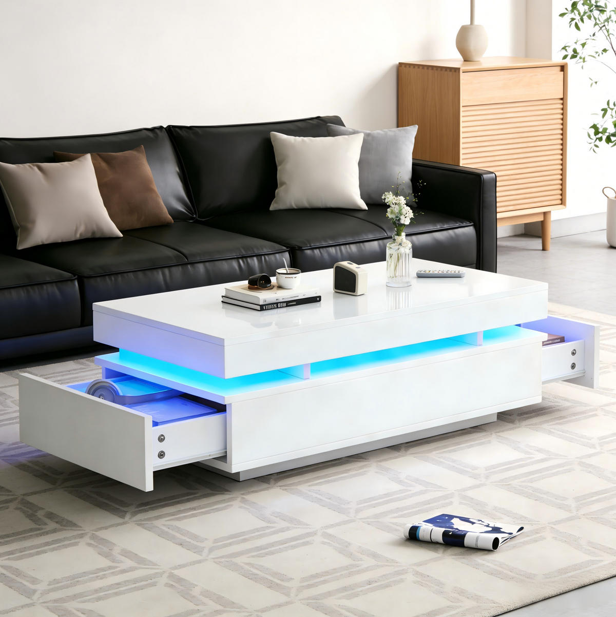 COUCHTISCH 100/50/35 cm weiß aus Spanplatte mit 2 Schubladen und LED-Beleuchtung - Weiß, Holzwerkstoff (100/50/35cm) - OKMYHOME