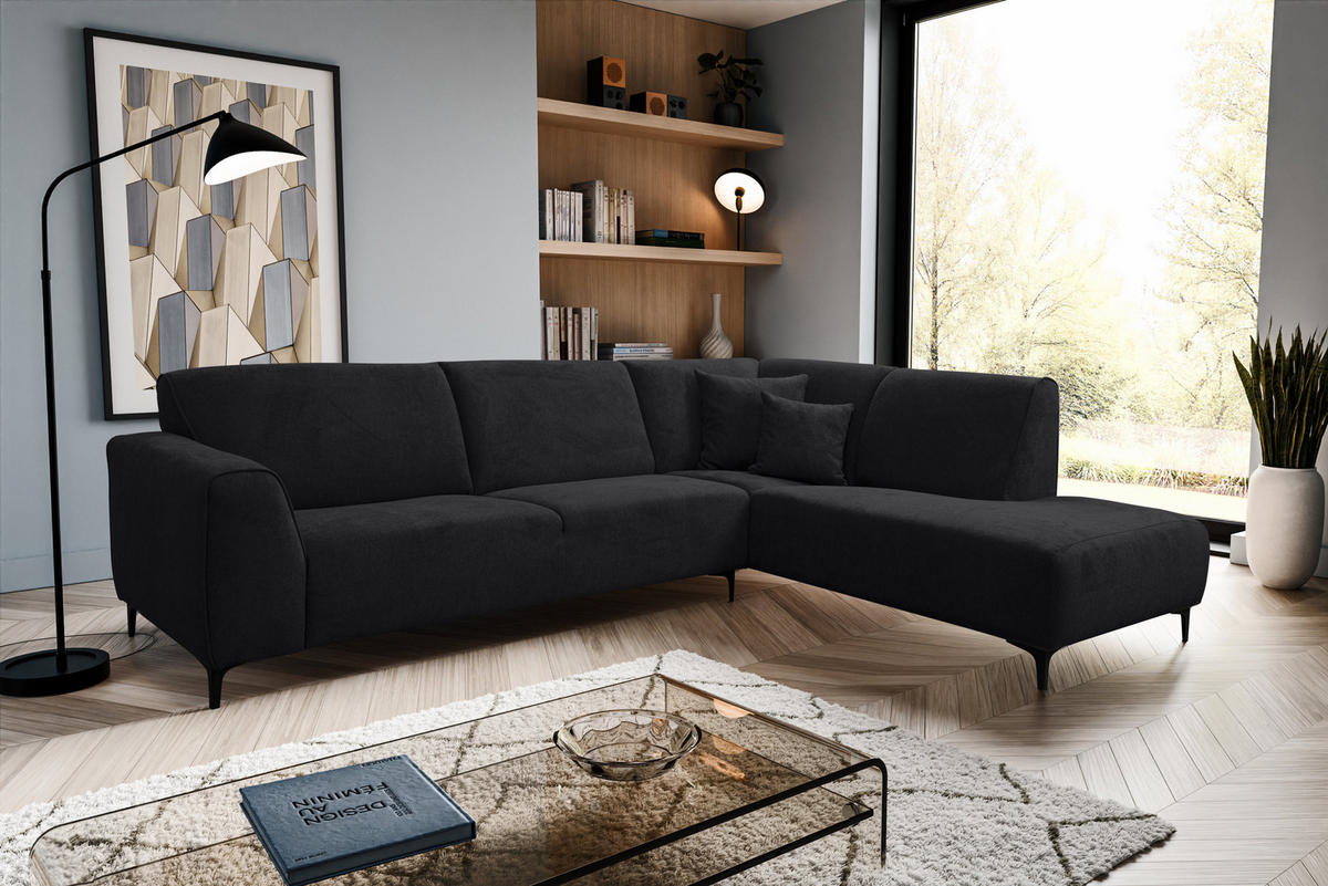 ECKSOFA Mula in L-Form, Coach Farbe: Schwarz, Velourstoff, Ottomane Rechts - Schwarz, Textil (274/210cm) - VENASI MÖBEL