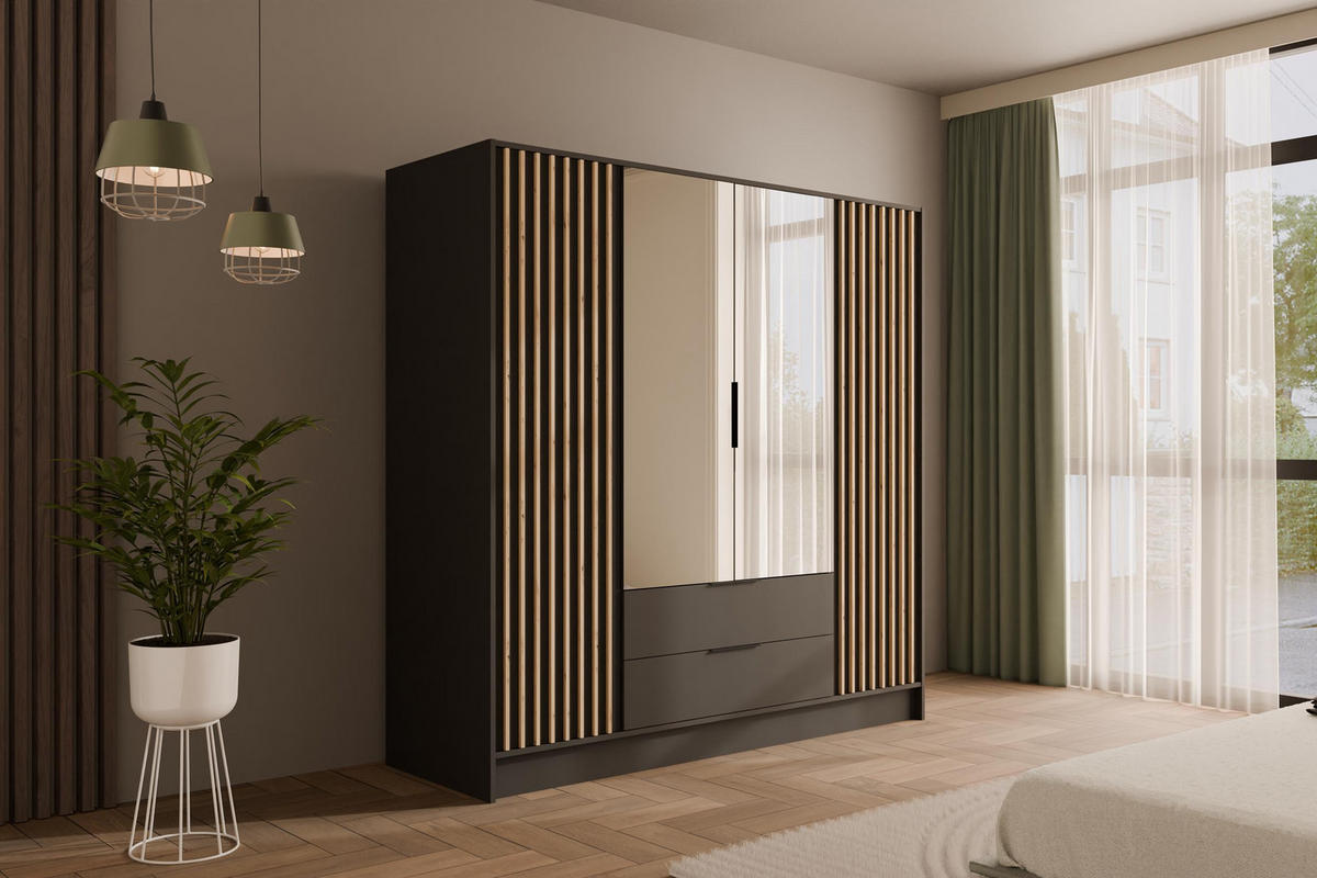 KLEIDERSCHRANK NELIA - 200 cm - Graphitfarben/Eiche Artisan, Holzwerkstoff (200/200/51cm) - ALTDECOR