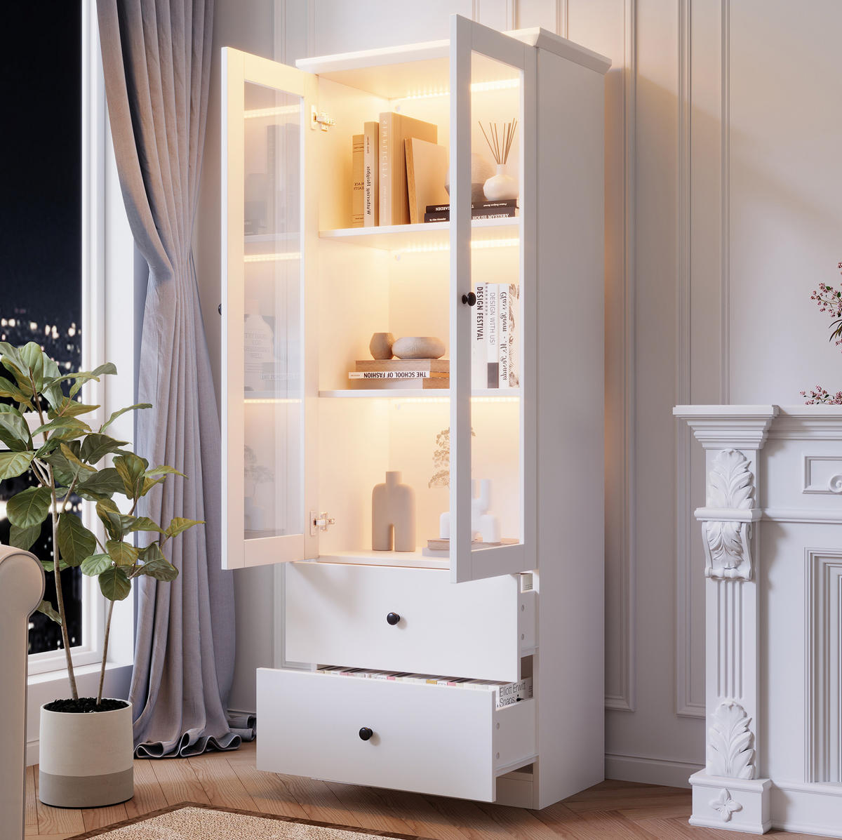 VITRINE 60/35,5/165 cm in Weiß matt mit LED-Beleuchtung und 2 Schubladen - Weiß, Holzwerkstoff (60/165/35.5cm) - Flora Grace