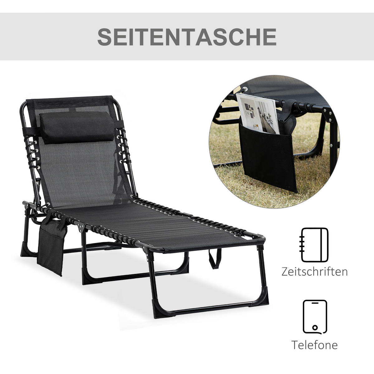 SONNENLIEGE klappbar, Netzstoffbezug, Schwarz - Schwarz, Textil (58/30/185cm) - Outsunny