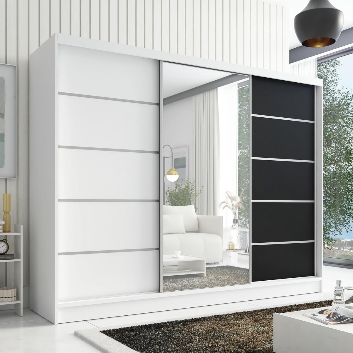 SCHWEBETÜRENSCHRANK 200 cm AURELIA 1 Farbe: Weiß, Weiß,Schwarz - Schwarz/Weiß, Holzwerkstoff (200/215/60cm) - A&J MöbelLand