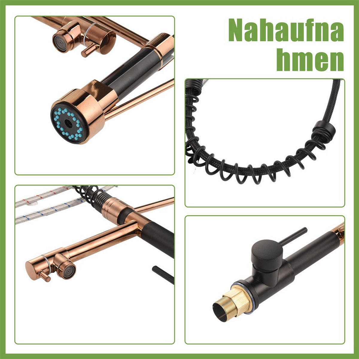 KÜCHENARMATUR ausziehbar mit Federführung 360° drehbar Spültischarmatur Mischbatterie - Schwarz +Roségold - Schwarz, Metall (17.5/46/4.5cm) - DELFA