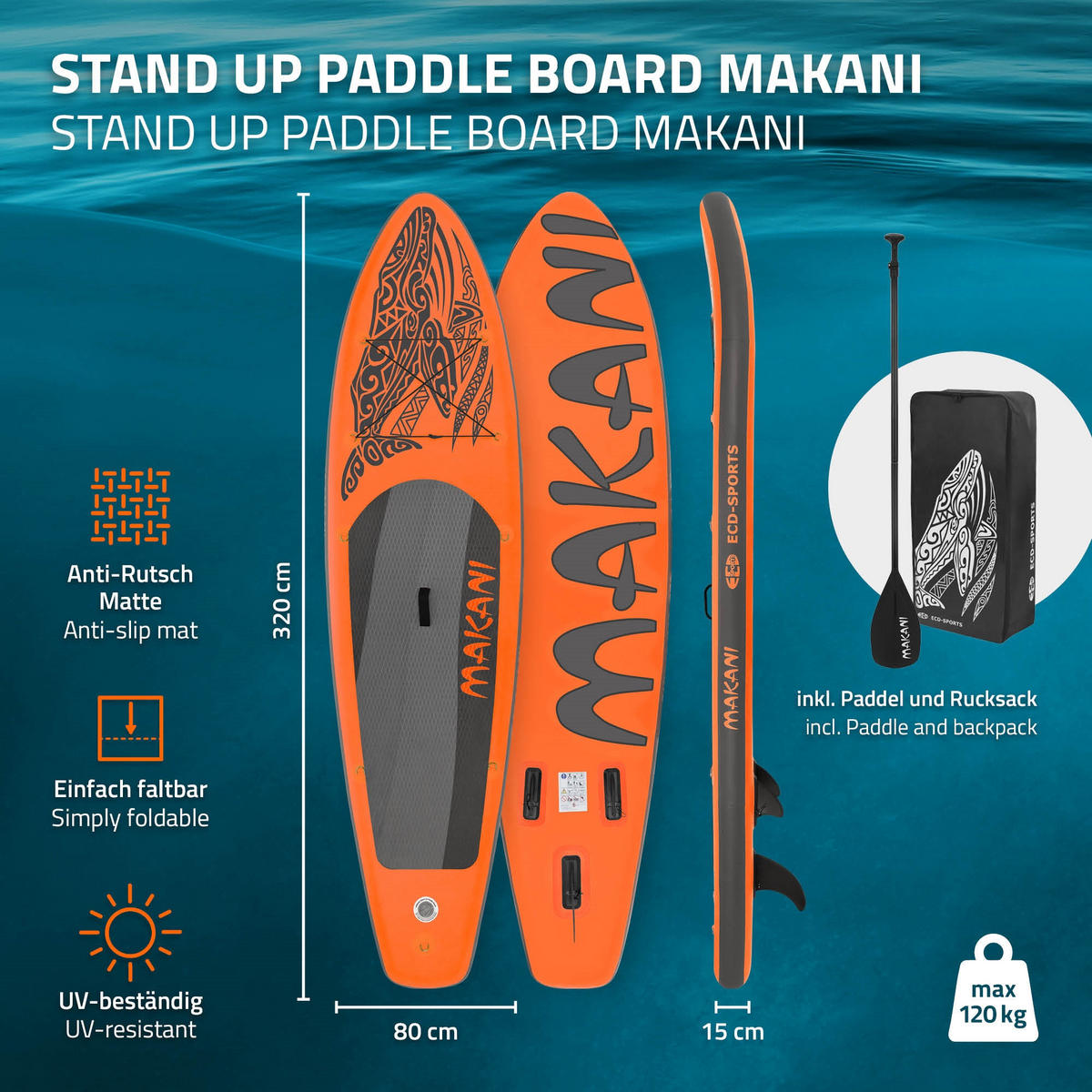 STAND UP PADDLE BOARD Makani Orange - Orange, Kunststoff (320/80/15cm) - ECD-Germany