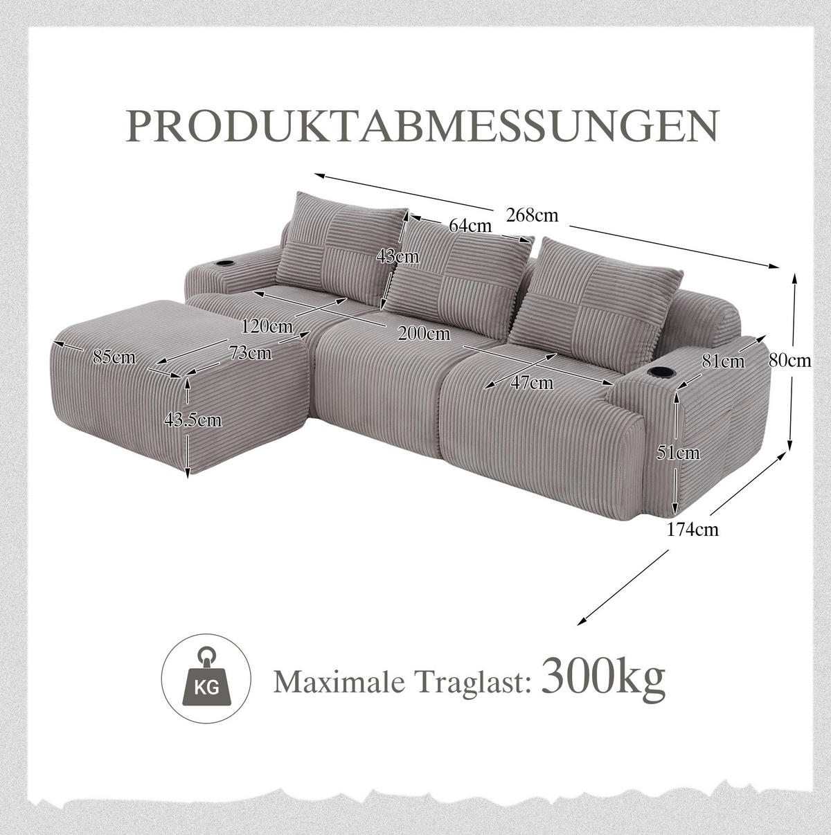 SOFA modular 3-Sitzer 268 x 174 cm Cord Hellgrau mit Hockern - Hellgrau, Kunststoff (174/268cm) - Meubliv