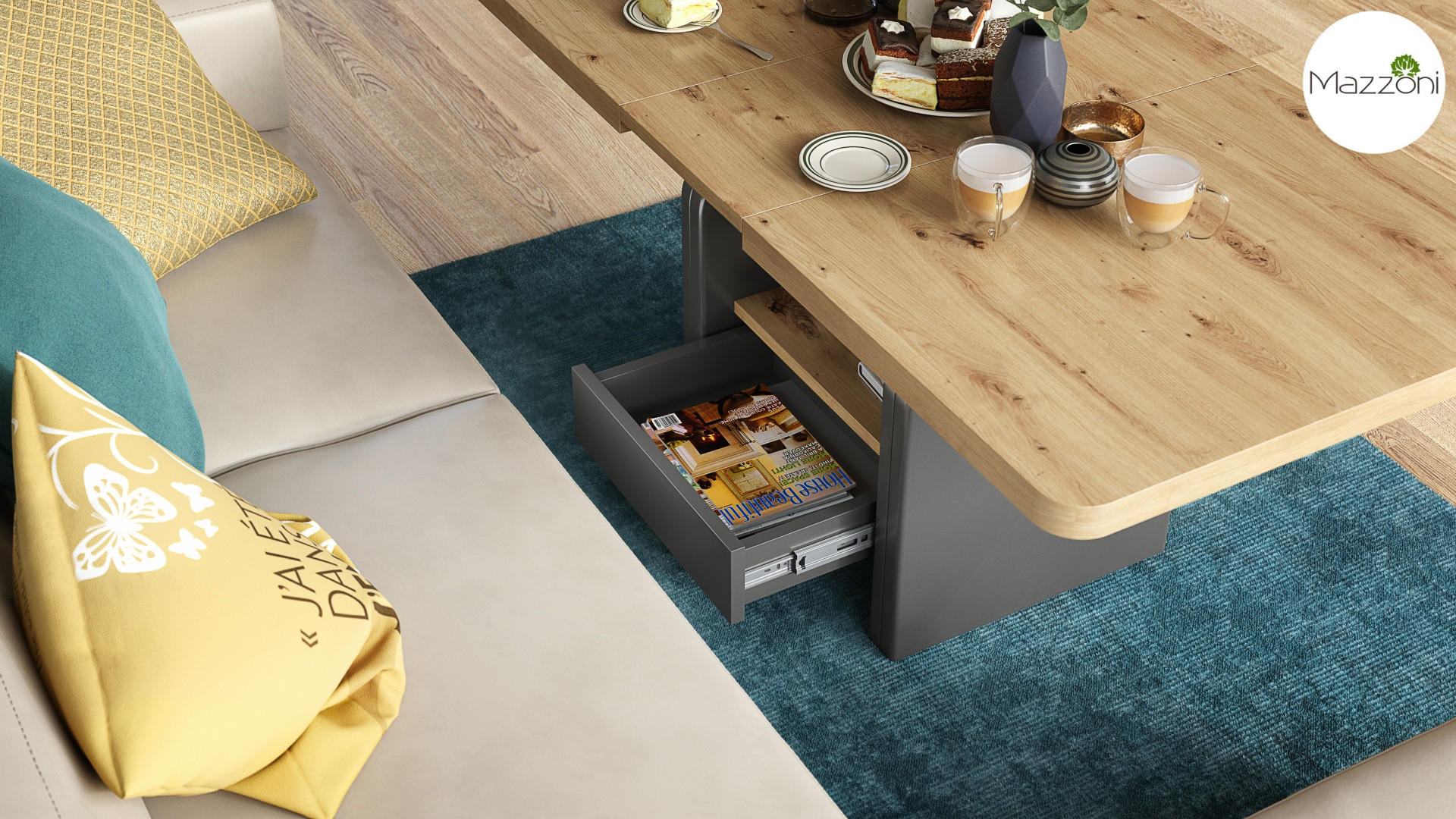 Thumbnail - designimpex Couchtisch, Eiche Artisan, Anthrazit, Holzwerkstoff, 180x75x75 cm, Wohnzimmer, Wohnzimmertische, Couchtische