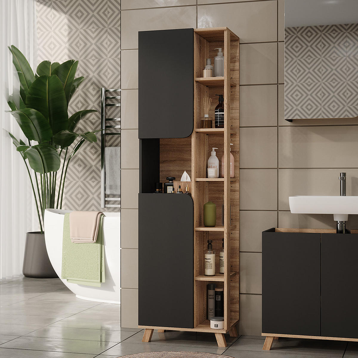 HOCHSCHRANK Karen Sonoma/Anthrazit 50 x 175 cm mit 2 Türen - Anthrazit/Sonoma Eiche, Holzwerkstoff (50/175/35cm) - Vicco
