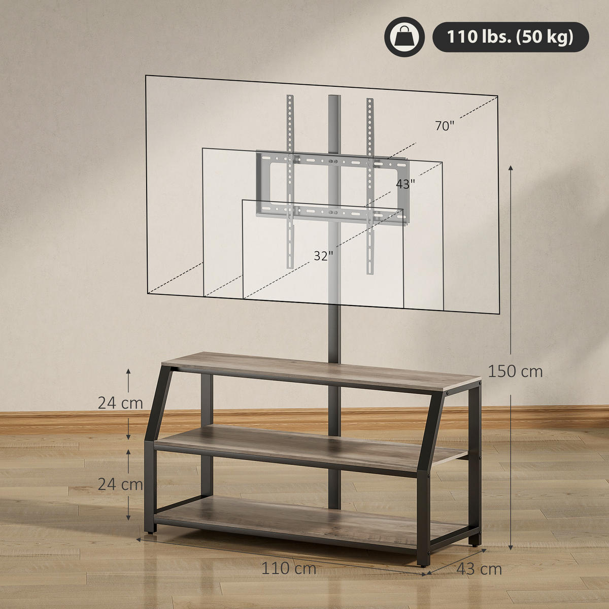 TV-BOARD Grau/Schwarz 110/43/150 cm, mit Halterung, 2 offene Fächer, Metallgestell - Grau, Holzwerkstoff (110/150/43cm) - PANGIVO