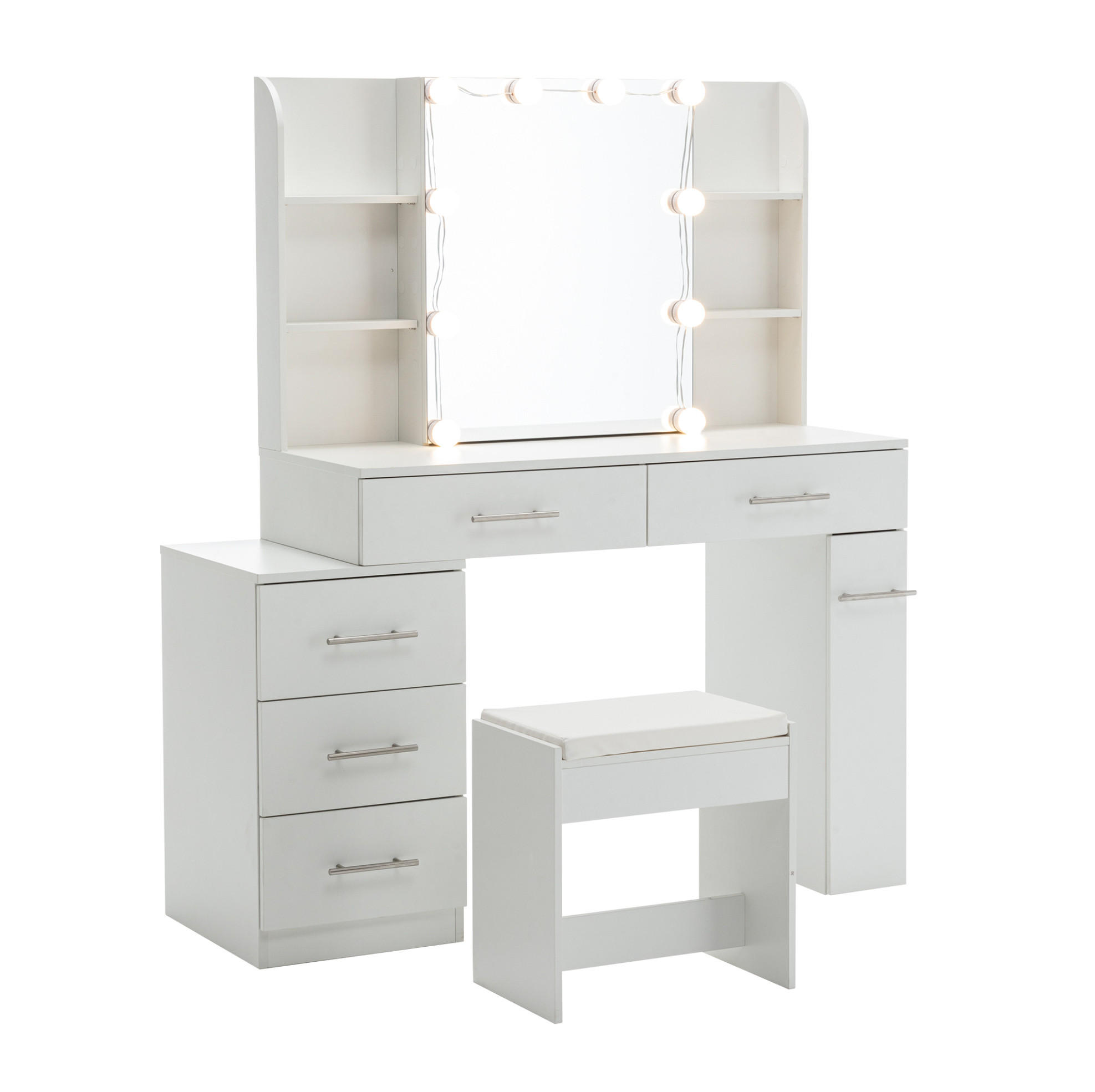 Modfu TOALETNÍ stolek z MDF 100x40x136 cm bílý s posuvným zrcadlem, 10 LED žárovkami, 3 zásuvkami a čalouněnou stoličkou