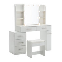 SCHMINKTISCH aus MDF 100x40x136 cm Weiß mit Schiebespiegel, verstecktem Stauraum, LED-Beleuchtung, Kommode, Eckregalen und Hocker - Weiß, Holzwerkstoff (100/136/40.5cm) - Modfu