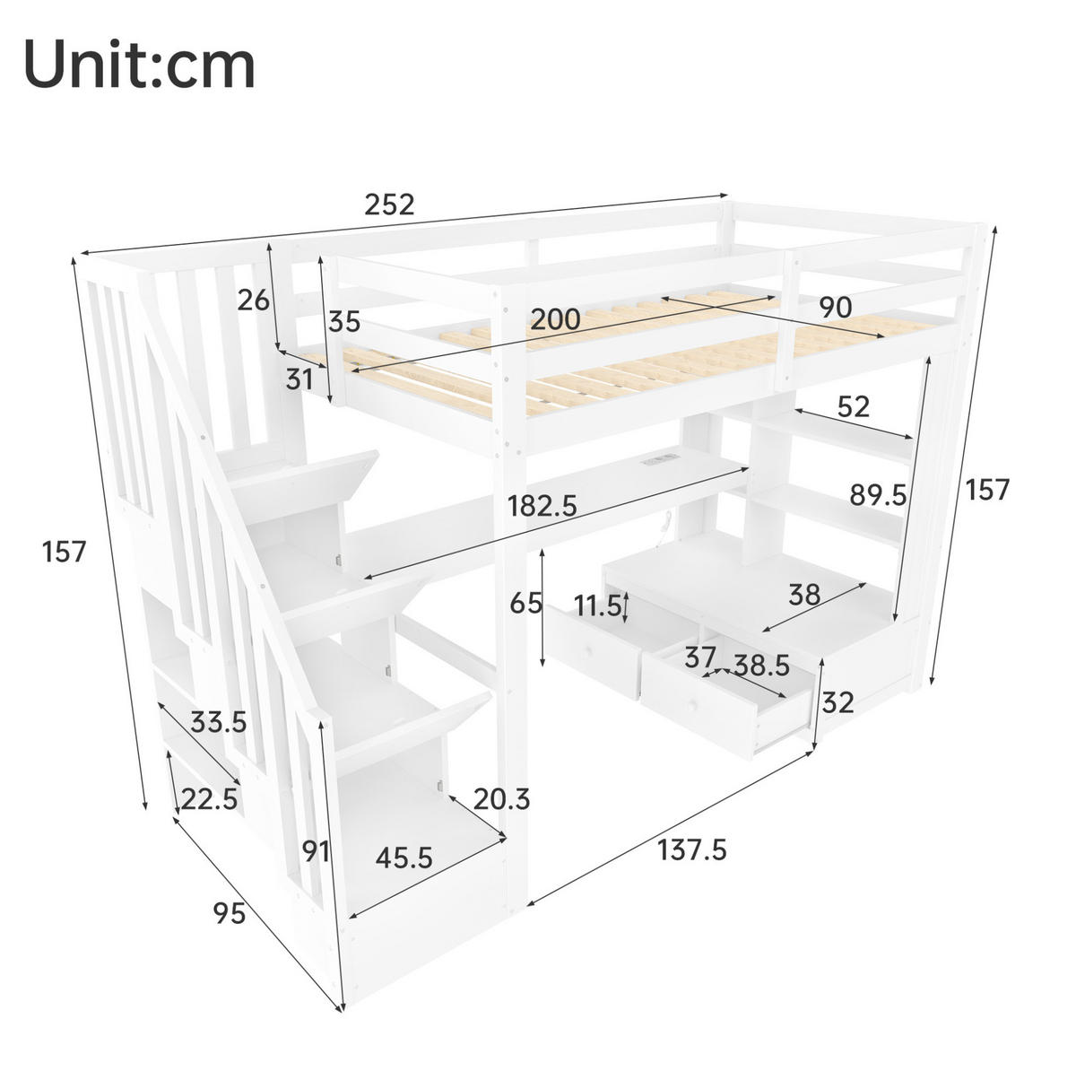 HOCHBETT aus Kiefer, MDF und Sperrholz 90x200 cm Weiß mit Schreibtisch, Stauraumtreppe und LED-Beleuchtung - Weiß, Holzwerkstoff (90/200cm) - Modfu
