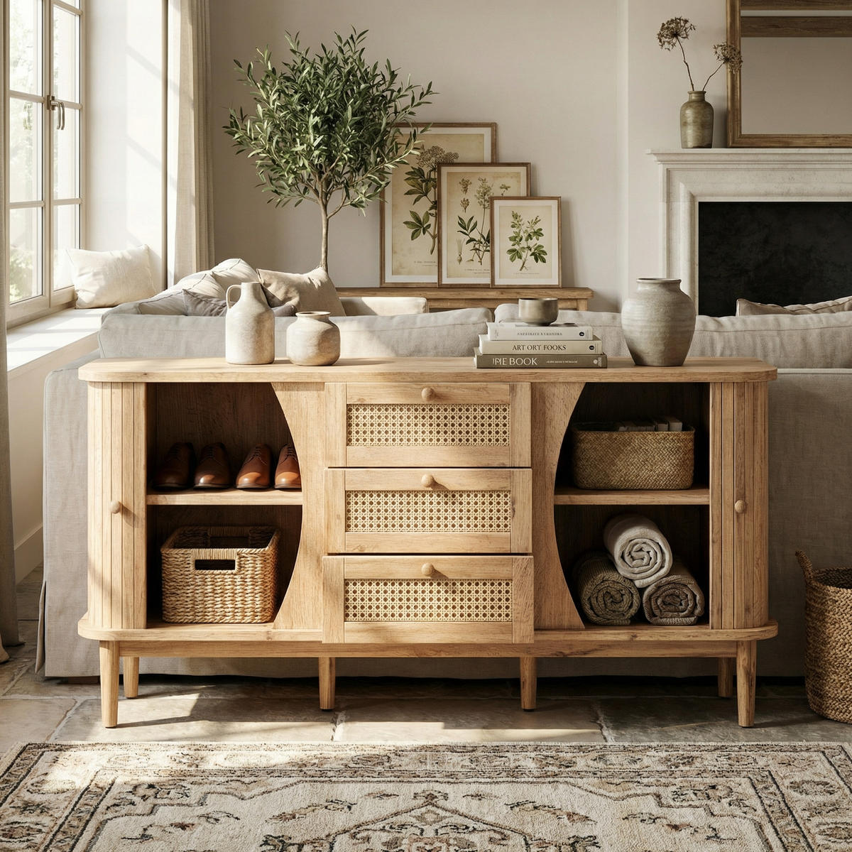 SIDEBOARD Rattan Kommode mit Schiebetüren, 140.5/40/76cm - Körsbärsfärgad, Träbaserade material (140/76/40cm) - Urban Meuble