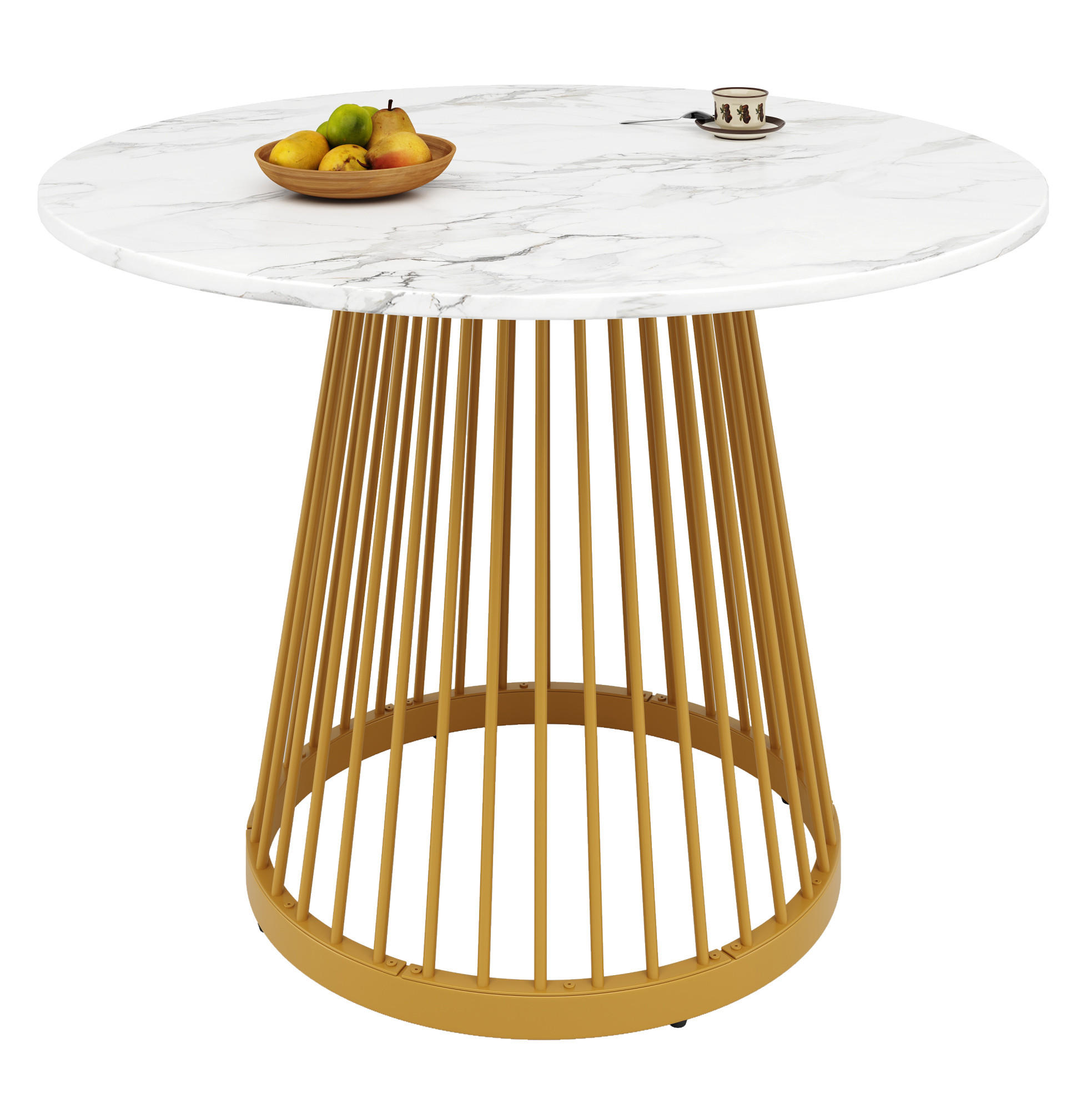 ESSTISCH 80/80/76 cm Weiß Gold runder Tisch mit Metallbeinen und marmorierter MDF-Platte - Goldfarben, Holzwerkstoff (80/80/76cm) - OKWISH