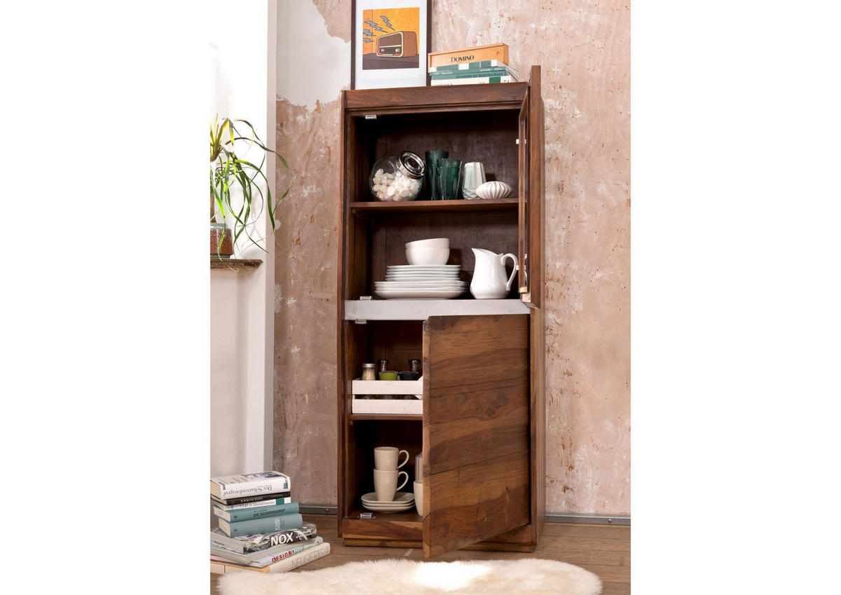 VITRINE Sheesham 63x40x147 noble unique lackiert SYDNEY #105 - Braun, Holz (63/147/40cm) - Massivmoebel24