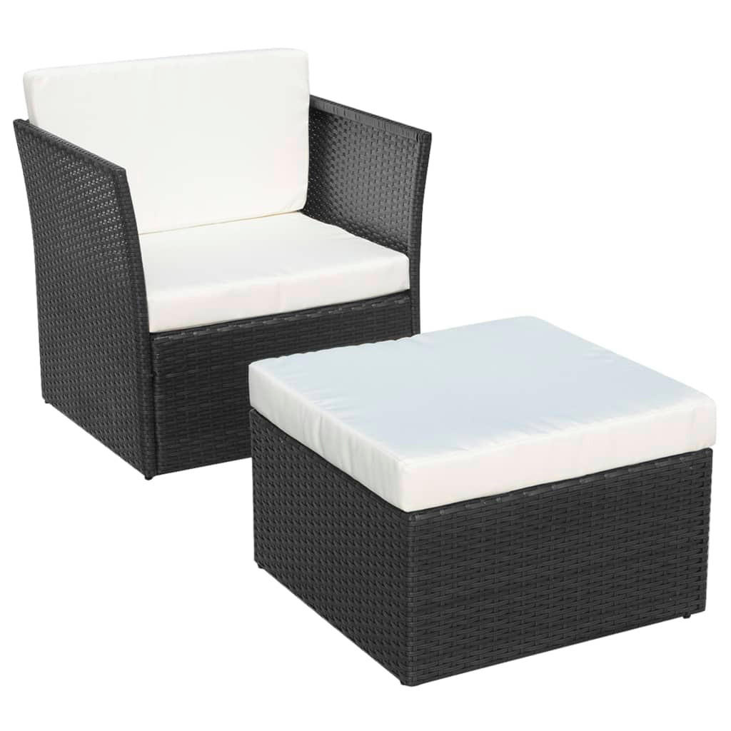 GARTENSESSEL mit Fußhocker Poly Rattan Schwarz - Schwarz, Holz (77/73/77cm) - furnicato