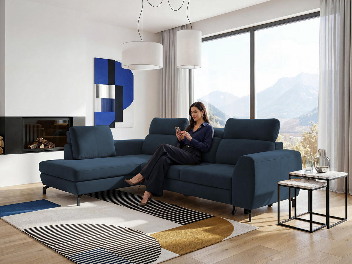 ECKSOFA ANTE Links, mit Schlaffunktion und Bettkasten, Marineblau - Dunkelblau, Textil/Metall (266/184cm) - Idohome