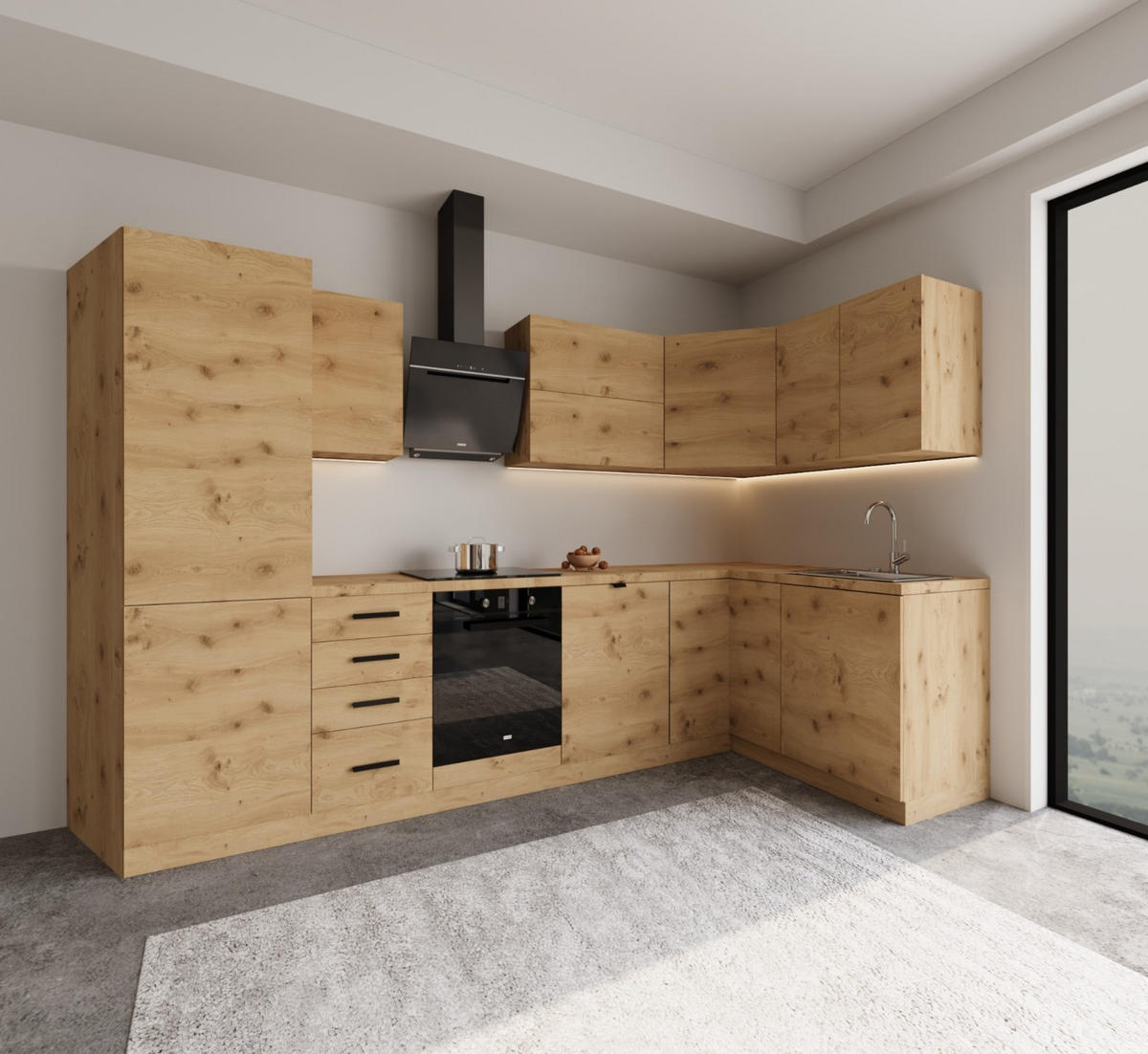 WINKELKÜCHE 300 cm x 140 cm- Langen KL6-M300 - in Artisan Eiche - Schwarz/Eiche Artisan, Holz/Holzwerkstoff (440/212/58cm)