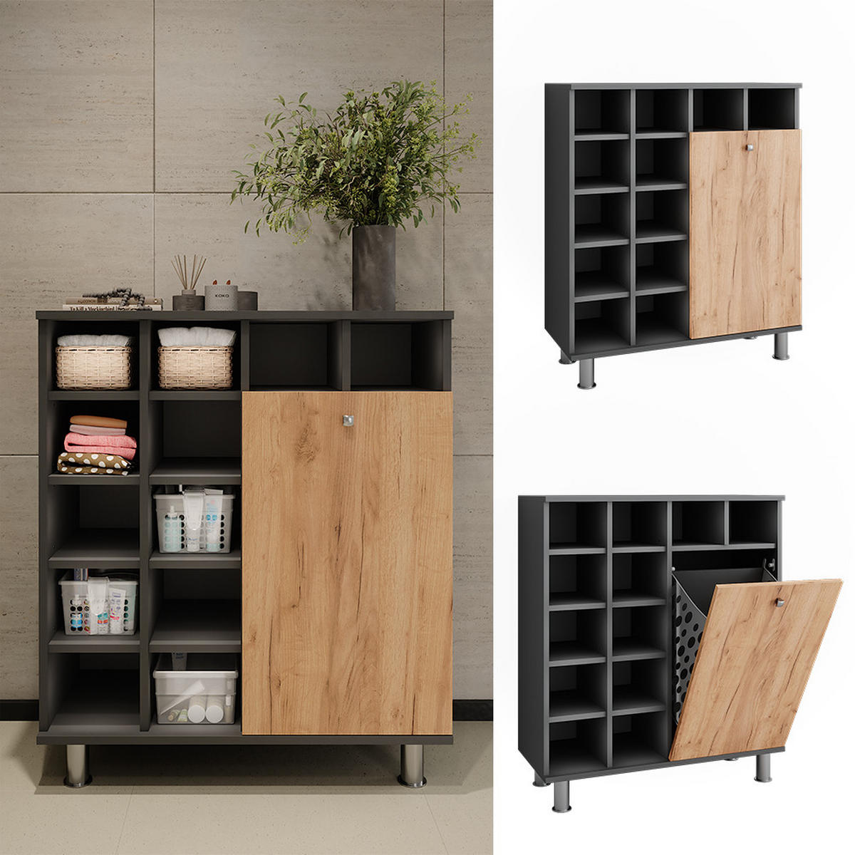 WÄSCHESCHRANK Fynn Anthrazit/Goldkraft Eiche 78.4 x 91.6 cm - Honigeiche/Anthrazit, Holzwerkstoff (78.4/91.6/34cm) - Vicco