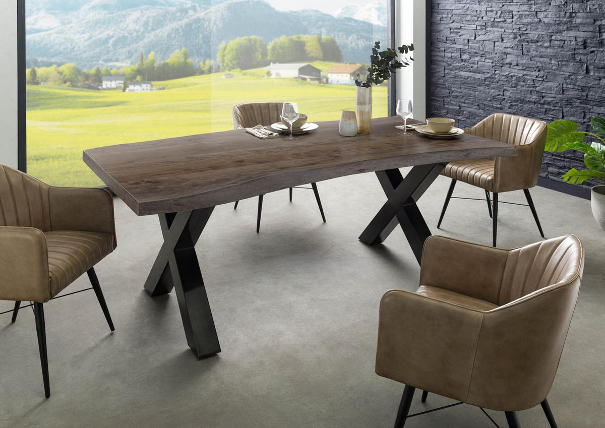 BAUMTISCH Akazie 220x100x77 grau lackiert / X-Beine anthrazit glänzend FREEFORM 5 - Grau, Holz (100/220/77cm) - Massivmoebel24