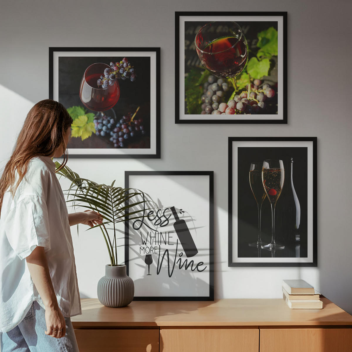 WANDBILDER 4er-Set - 50x50 cm & 40x60 cm Schwarzer Rahmen - Weingläser mit Trauben und Inschrift - Schwarz, Kunststoff (50/50cm) - ArtPrintCave