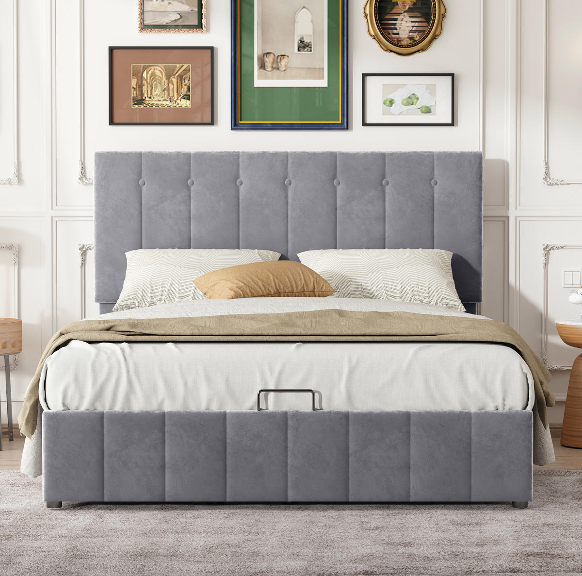 POLSTERBETT 140/200 cm grau mit hydraulischem Stauraum und höhenverstellbarem Kopfteil - Grau, Textil (140/200cm) - OKWISH