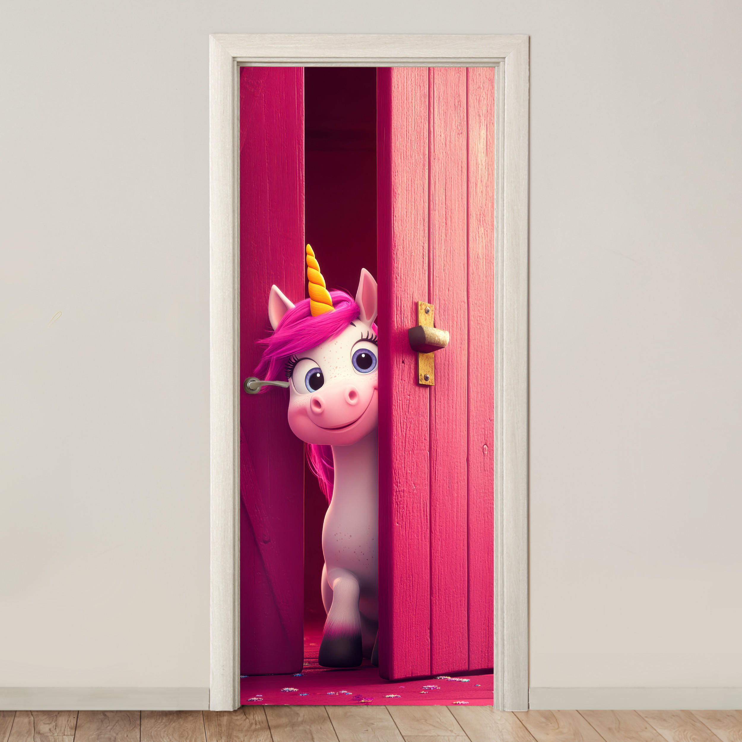 FOTOTAPETE Tür - Einhorn - Rosa - Tür - Fantasie 95x235 cm - Pink, Kunststoff (95/0.1cm) - MuchoWow