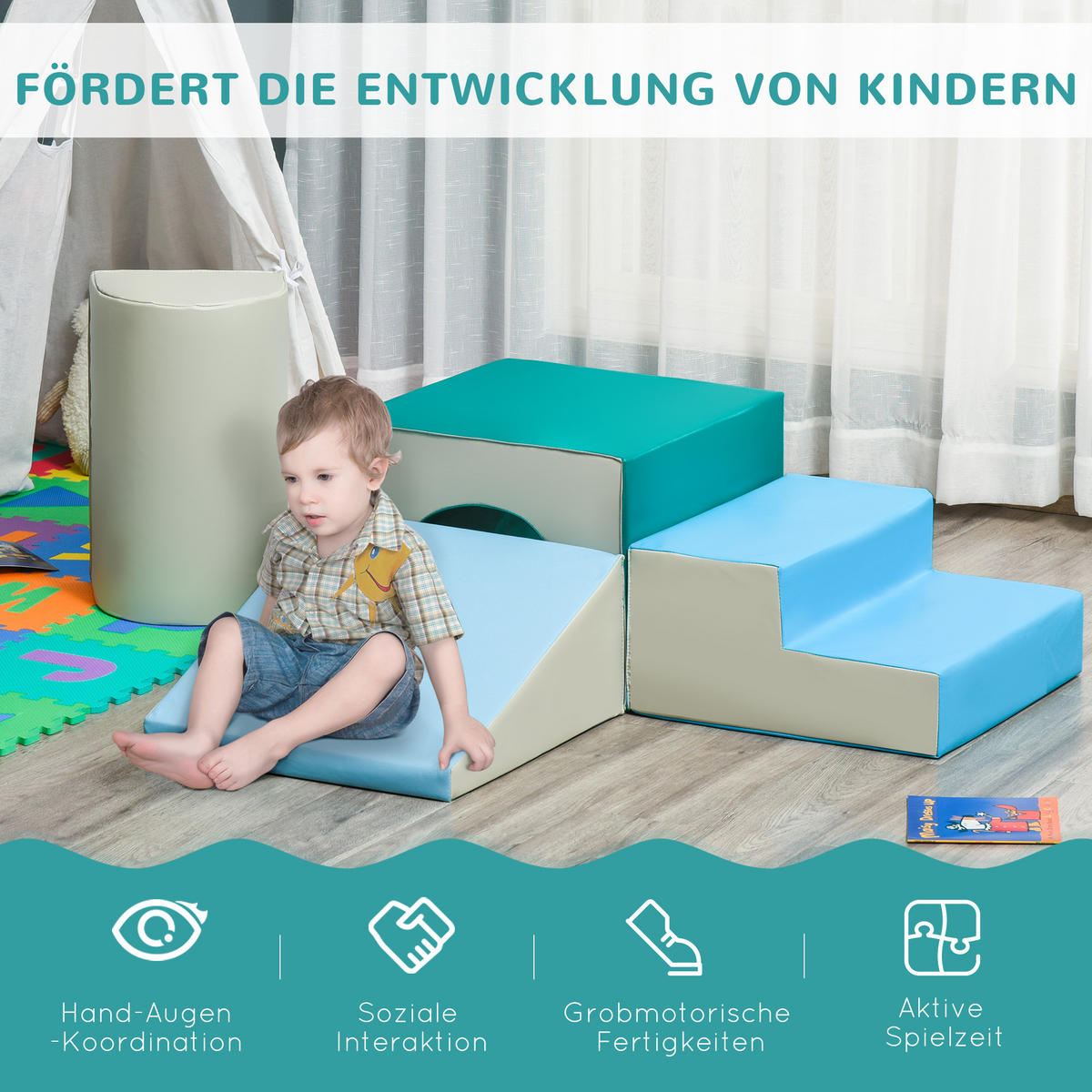 KINDER-SOFTPLAY-SET - Blau, Kunststoff (50/39/150cm) - HOMCOM