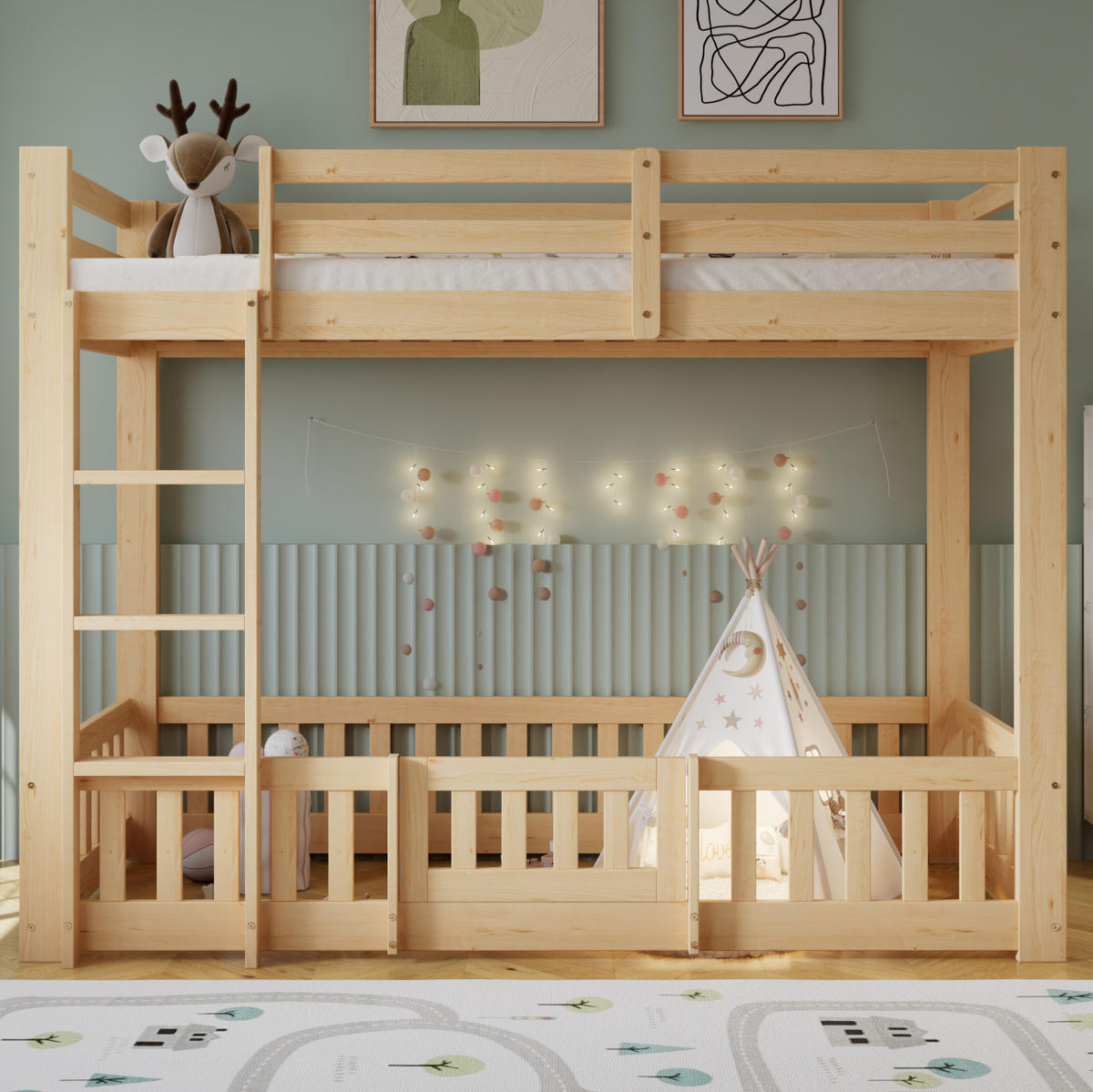 ETAGENBETT aus Massivholz 90x200 cm in Natur mit rechtwinkliger Treppe - Naturfarben, Holz (90/200cm) - Modfu