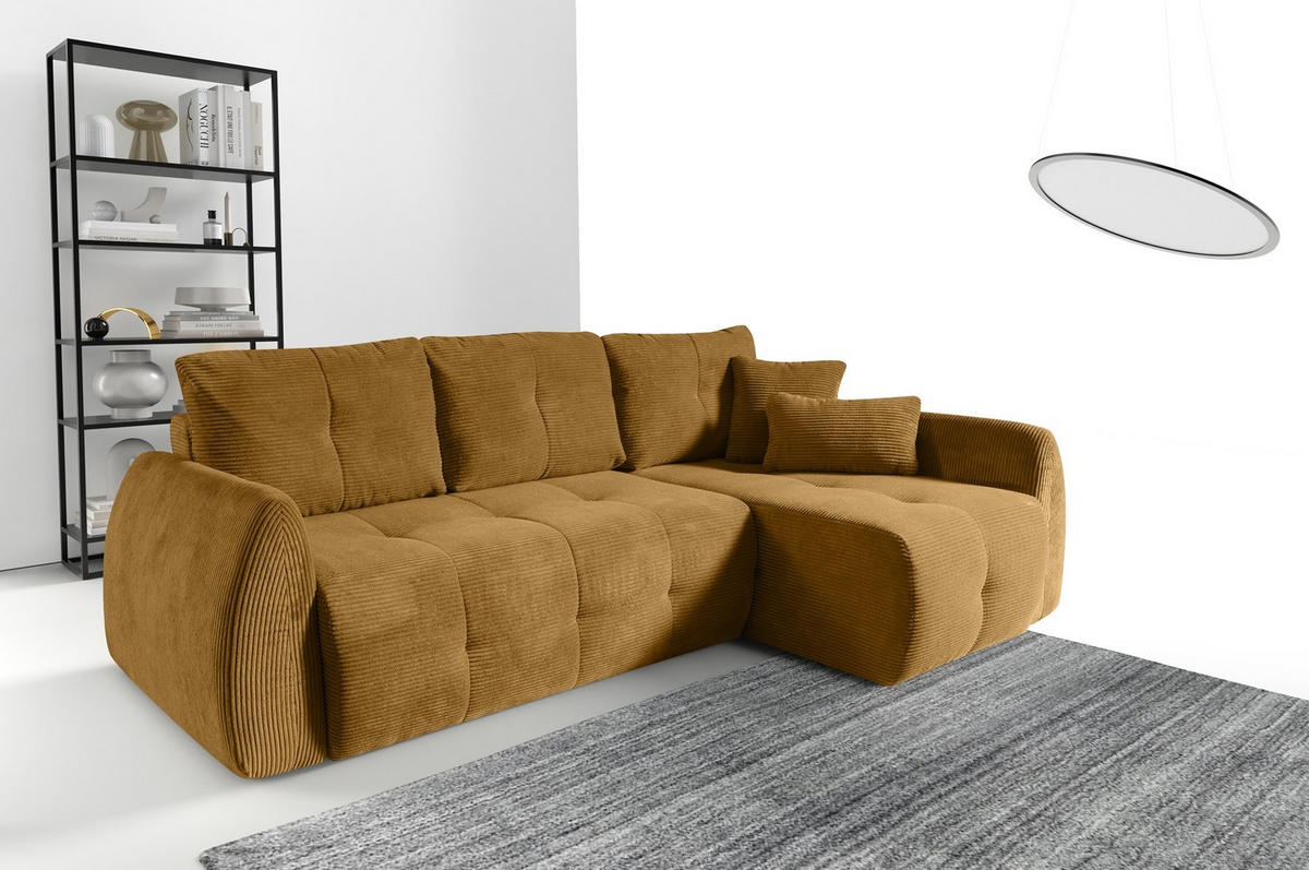 ECKSOFA Luna Gelb, mit Schlaffunktion - Honig, Holzwerkstoff/Textil (252/155cm) - Bettso