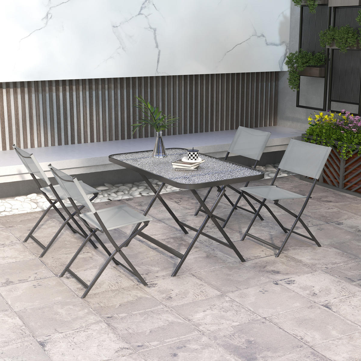 GARTENTISCHGRUPPE DE-18089 klappbar, 4 Sitzer, Glasplatte Grau - Grau, Metall - ComfortXL