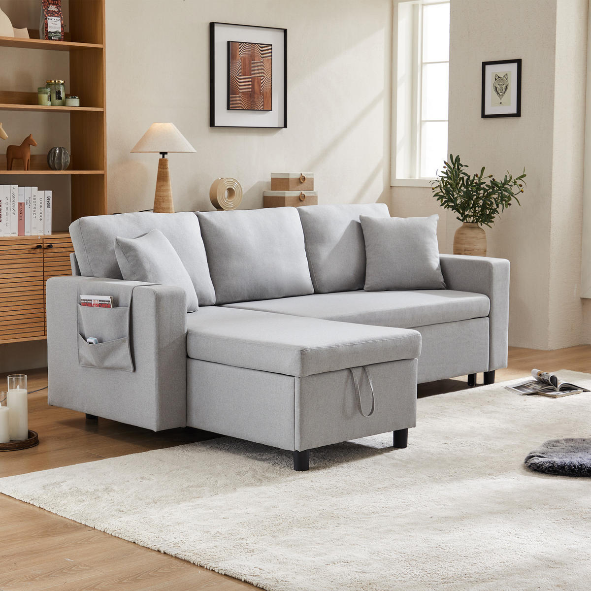 SCHLAFSOFA L-Form mit Stauraum und wechselbarer Chaiselongue - Grau, Textil (219.5/83/142.5cm)