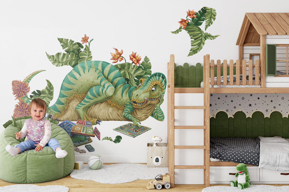 WANDAUFKLEBER 60x76cm - Dino mit einem Brettspiel - Multicolor, Kunststoff (60/76/0.1cm) - Wallfluent