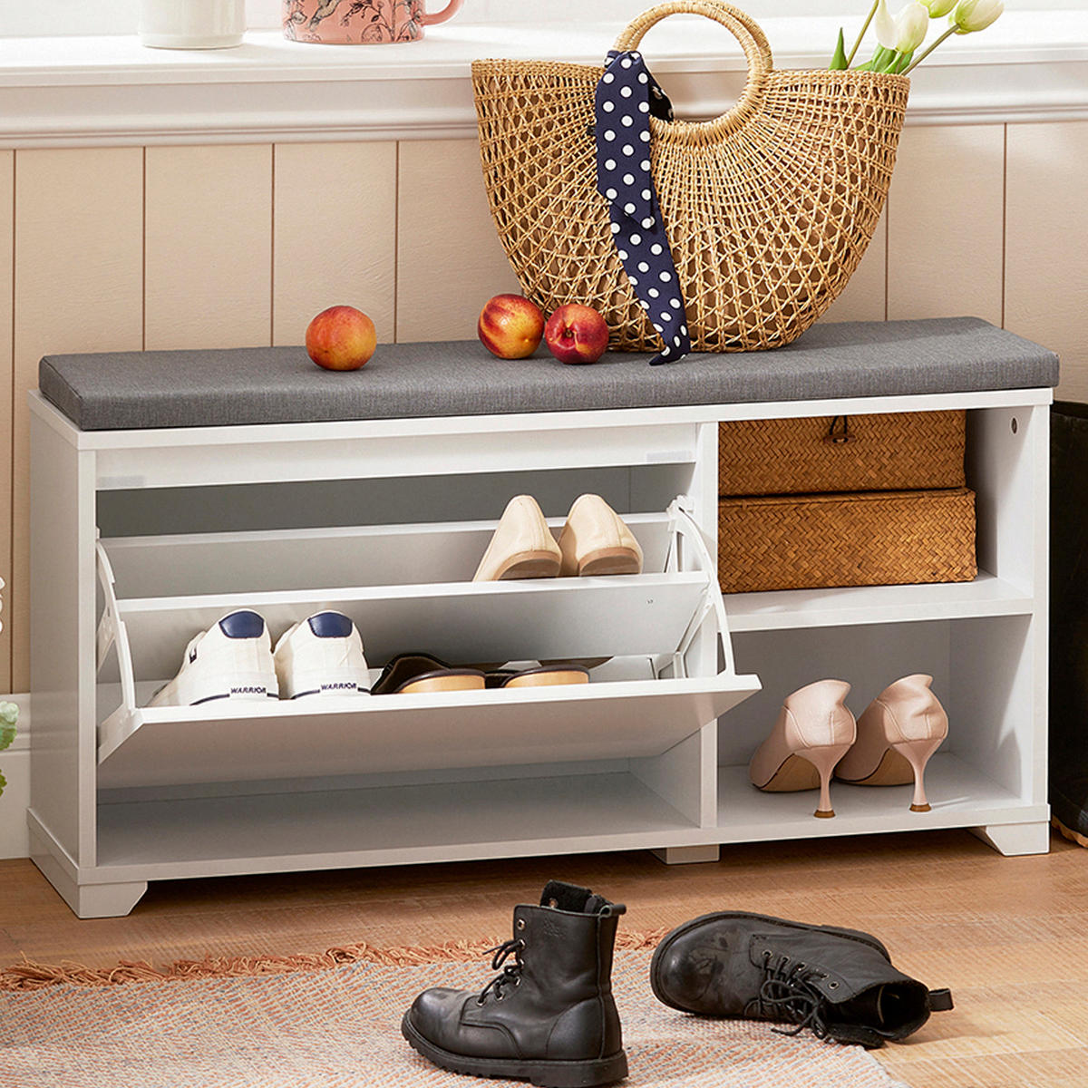 SCHUHBANK Grau - Hellgrau/Weiß, Holzwerkstoff (90/46/24cm) - SoBuy